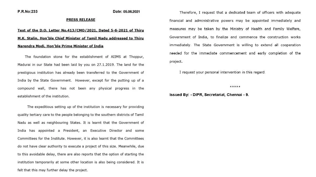 Tamil Nadu CM Stalin Writes Letter To Modi Regarding AIIMS Madurai