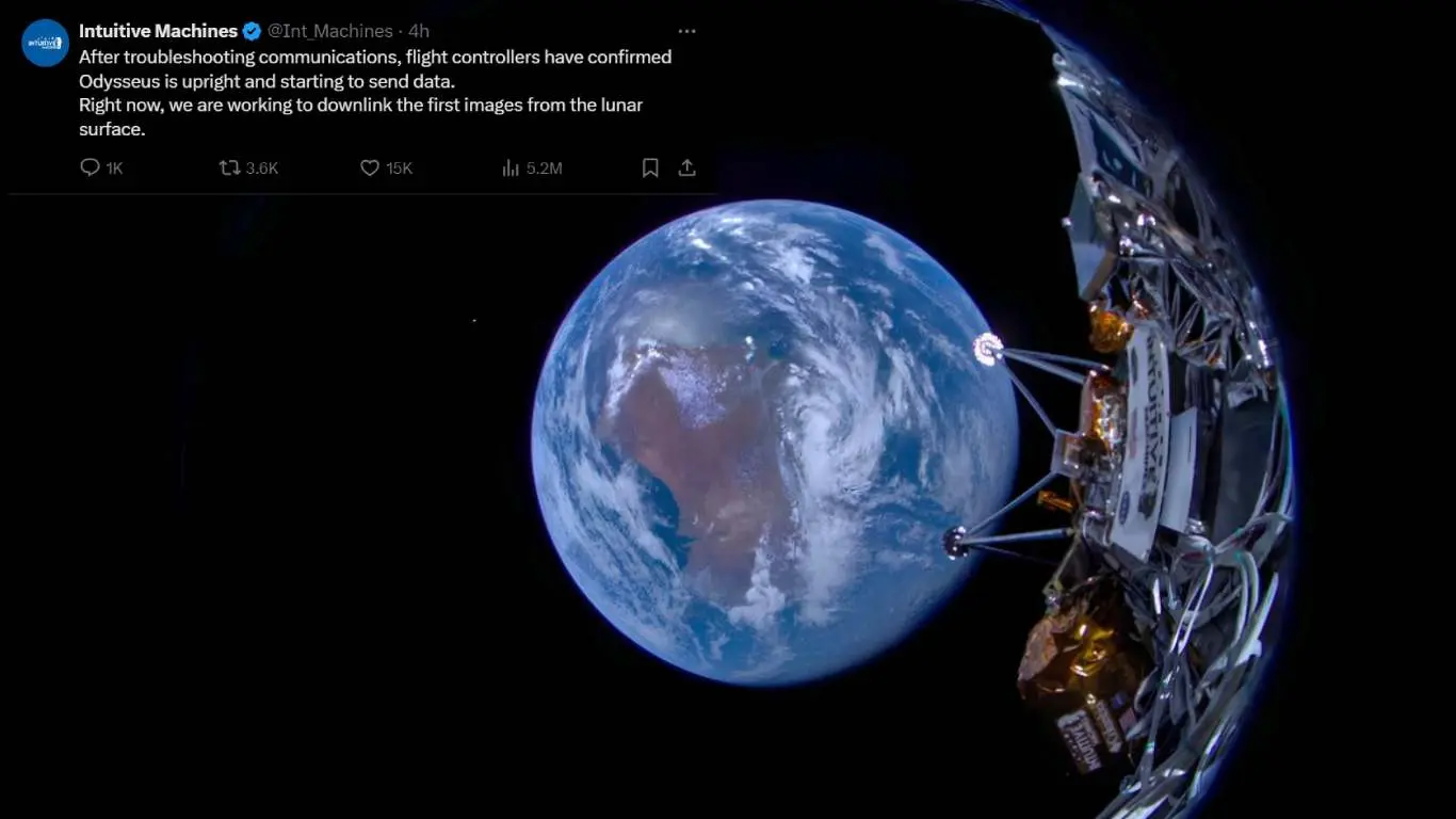 US Odysseus Become 1st Spacecraft to Land on Moon's Surface in 50 Year
