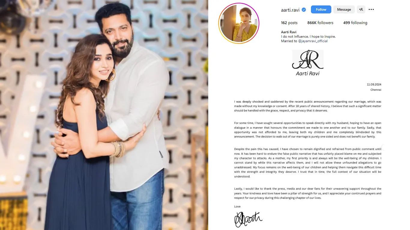 Aarti Ravi Denies Blame in Jayam Ravi Divorce Announcement