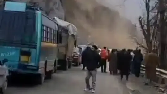 Rocks and debris block NH-1 in north Kashmir after a landslide