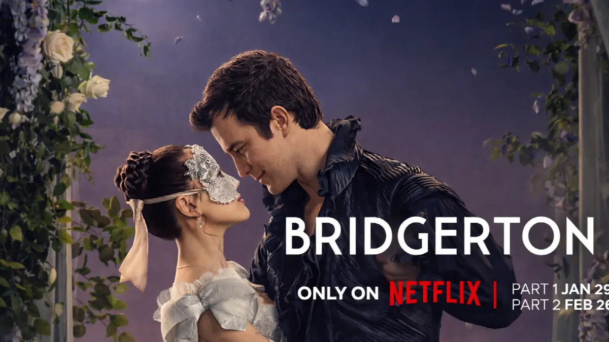 Benedict Bridgerton shares a tender moment with Sophie Beck beneath wisteria at a ball