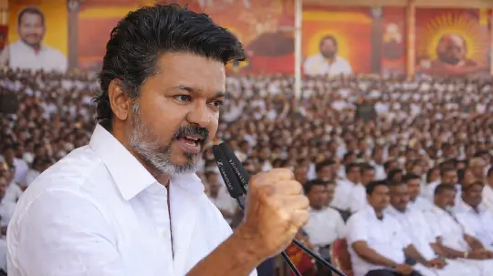 TVK Chief Vijay addressing the people in a meeting